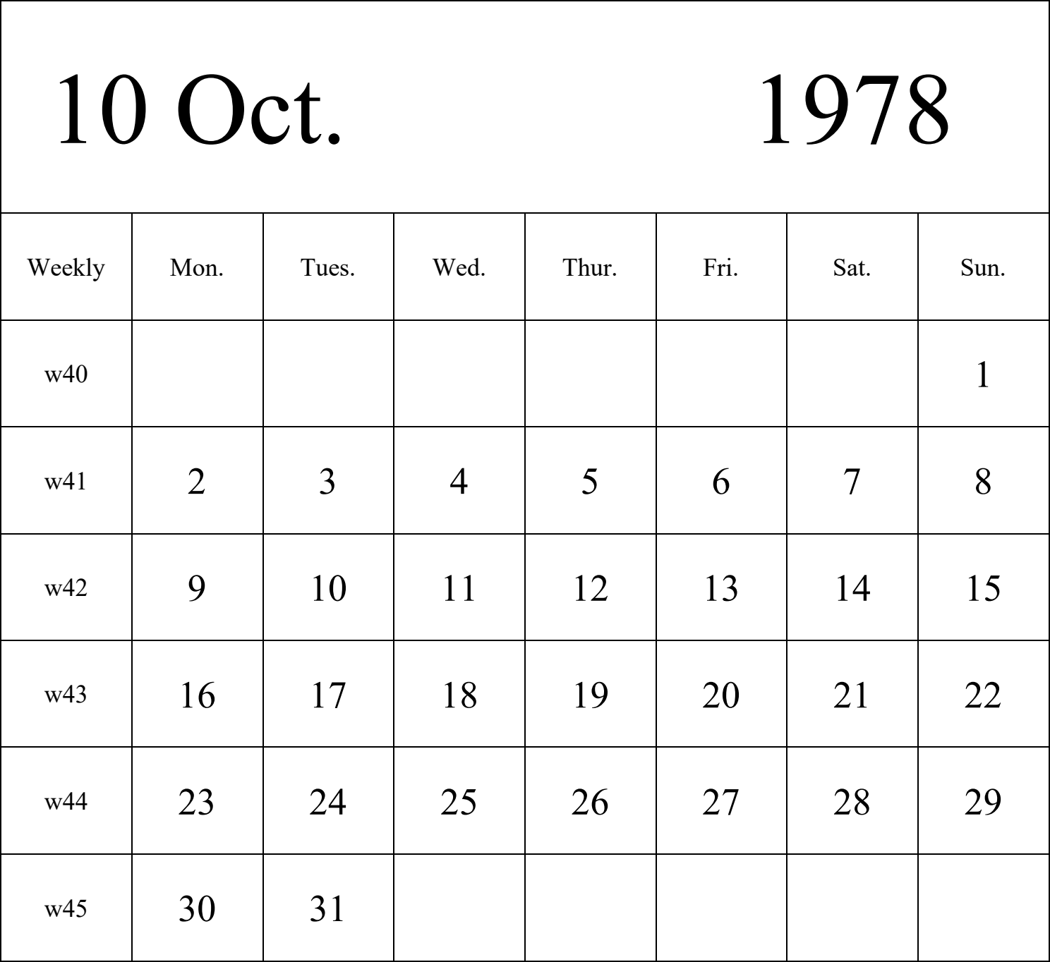 日历表1978年日历 英文版 纵向排版 周一开始 带周数